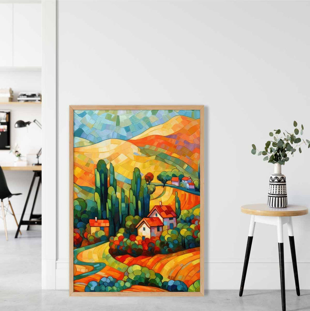 Wandkunstdruck Bunte Landschaft mit Haus 1