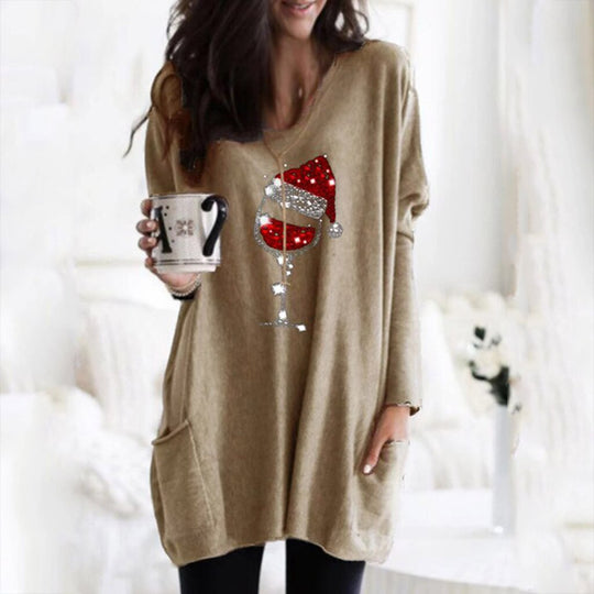 Wein &amp; Weihnachtsmannmütze Lässiger Pullover Für Frauen