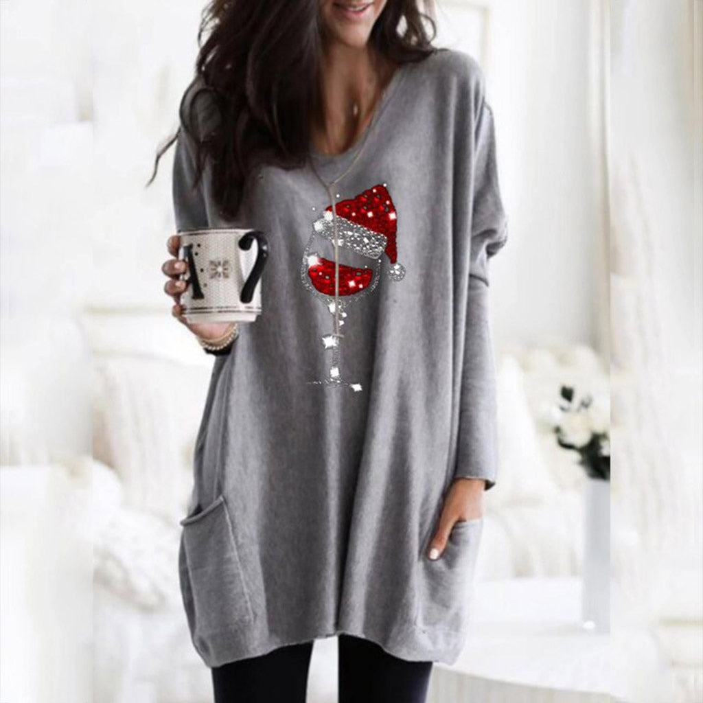 Wein &amp; Weihnachtsmannmütze Lässiger Pullover Für Frauen