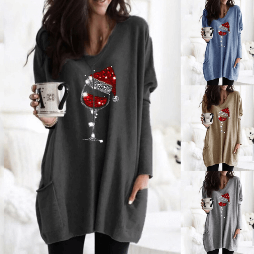 Wein &amp; Weihnachtsmannmütze Lässiger Pullover Für Frauen