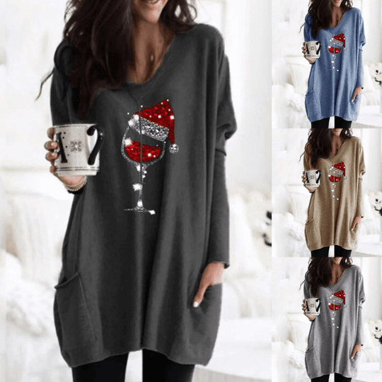 Wein &amp; Weihnachtsmannmütze Lässiger Pullover Für Frauen