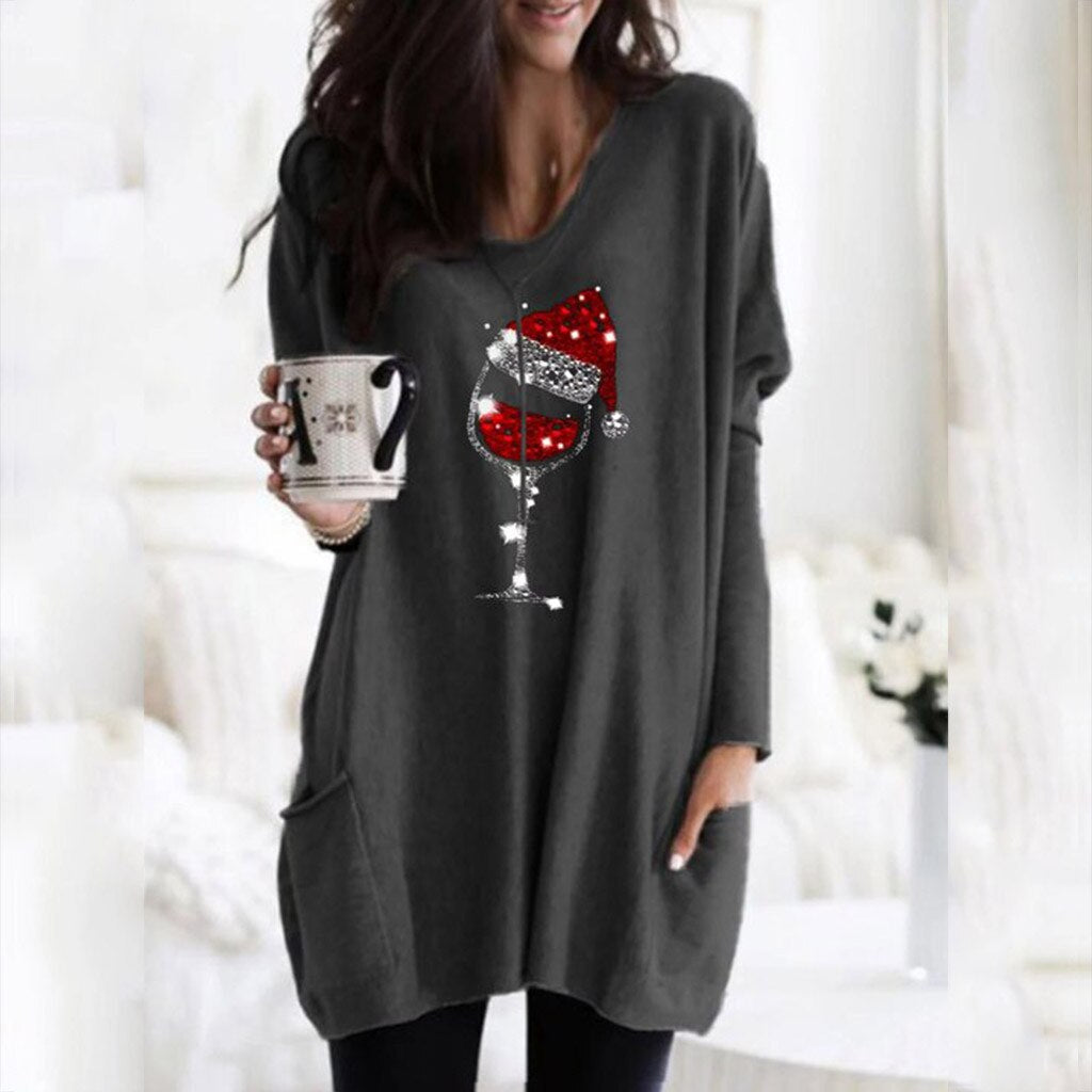 Wein &amp; Weihnachtsmannmütze Lässiger Pullover Für Frauen