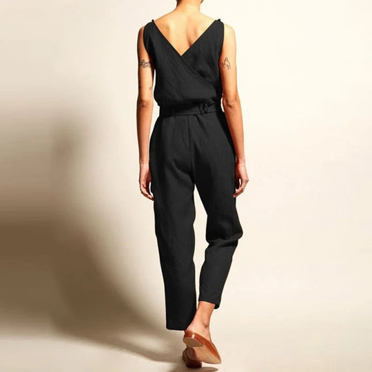 Damen Jumpsuit Elegant Luftig Leinen mit Verstellbarem Gürtel für Sommer-6