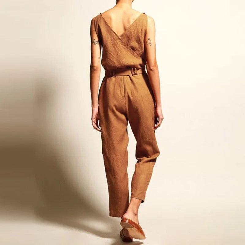 Damen Jumpsuit Elegant Luftig Leinen mit Verstellbarem Gürtel für Sommer-4