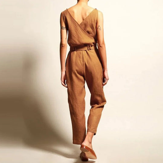 Damen Jumpsuit Elegant Luftig Leinen mit Verstellbarem Gürtel für Sommer-4