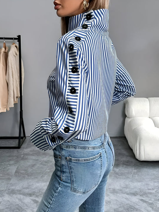 Damen Langarmshirt Hoher Kragen Streifen Baumwolle Modernes Design-5