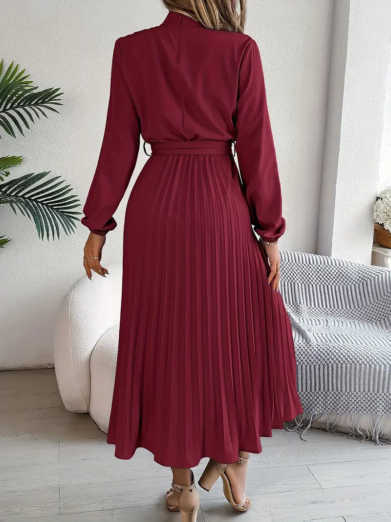 Damen Kleid Stehkragen Faltengürtel Hochwertiger Stoff-5
