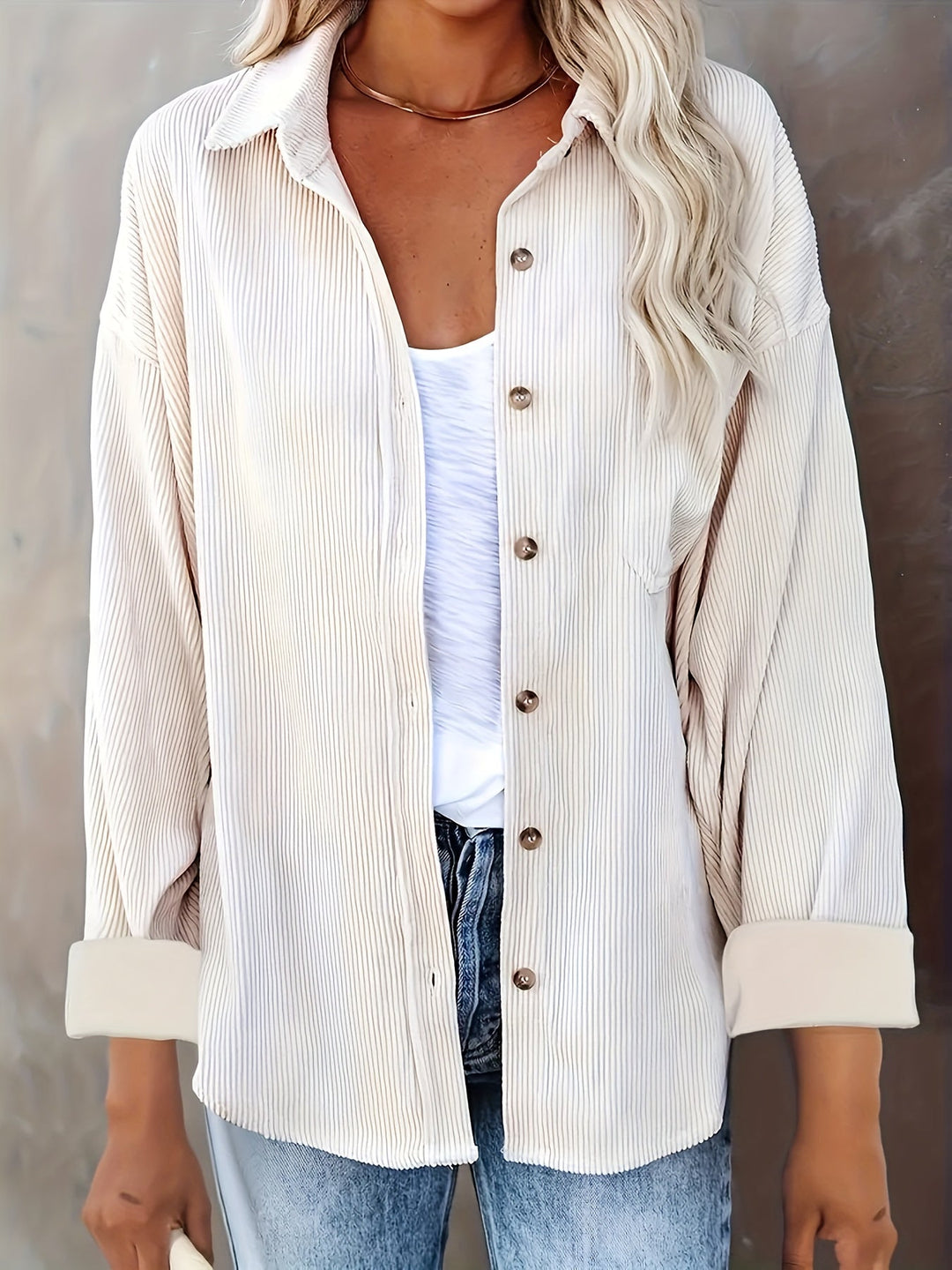 Variant image for Damen Cordhemd Beige Oversized Komfortabel Baumwolle-9