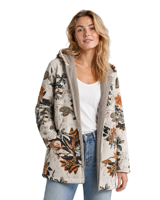 Damen Fleecejacke mit Kapuze und Blumenmuster
