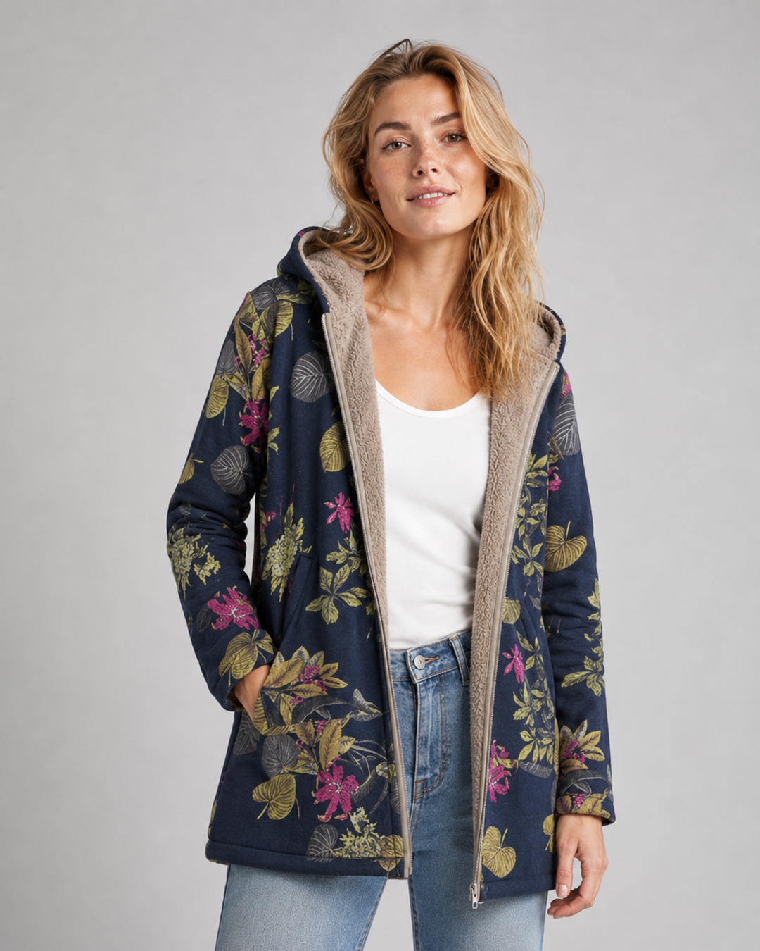 Damen Fleecejacke mit Kapuze und Blumenmuster