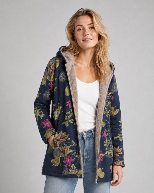 Damen Fleecejacke mit Kapuze und Blumenmuster