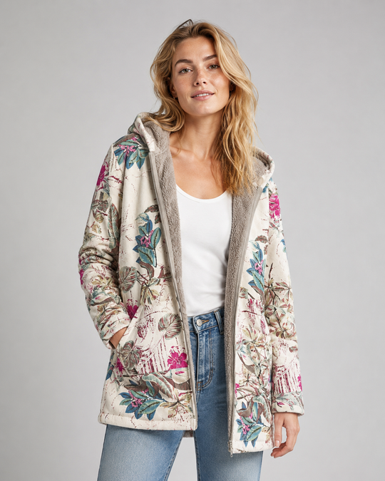 Damen Fleecejacke mit Kapuze und Blumenmuster