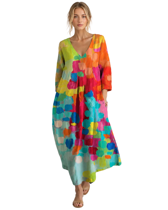 Damen Kleid Bunt Bedruckt Leinen Stil