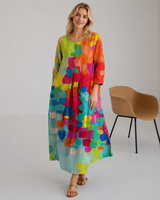 Damen Kleid Bunt Bedruckt Leinen Stil