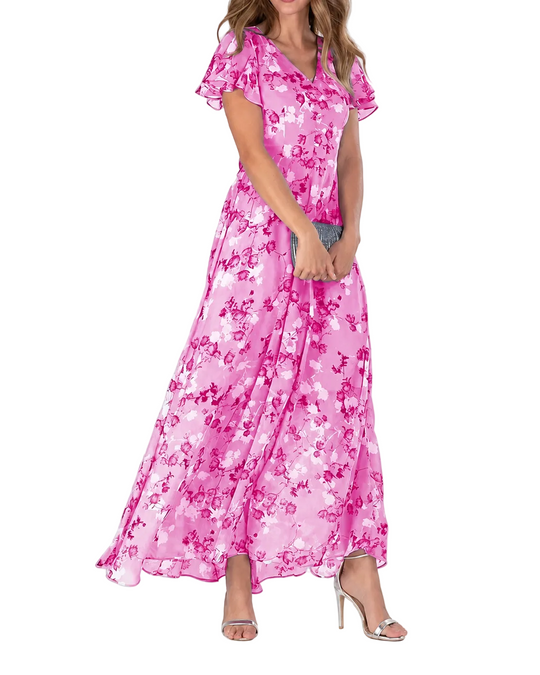 Damen Maxikleid V-Ausschnitt Blumendruck Festlich
