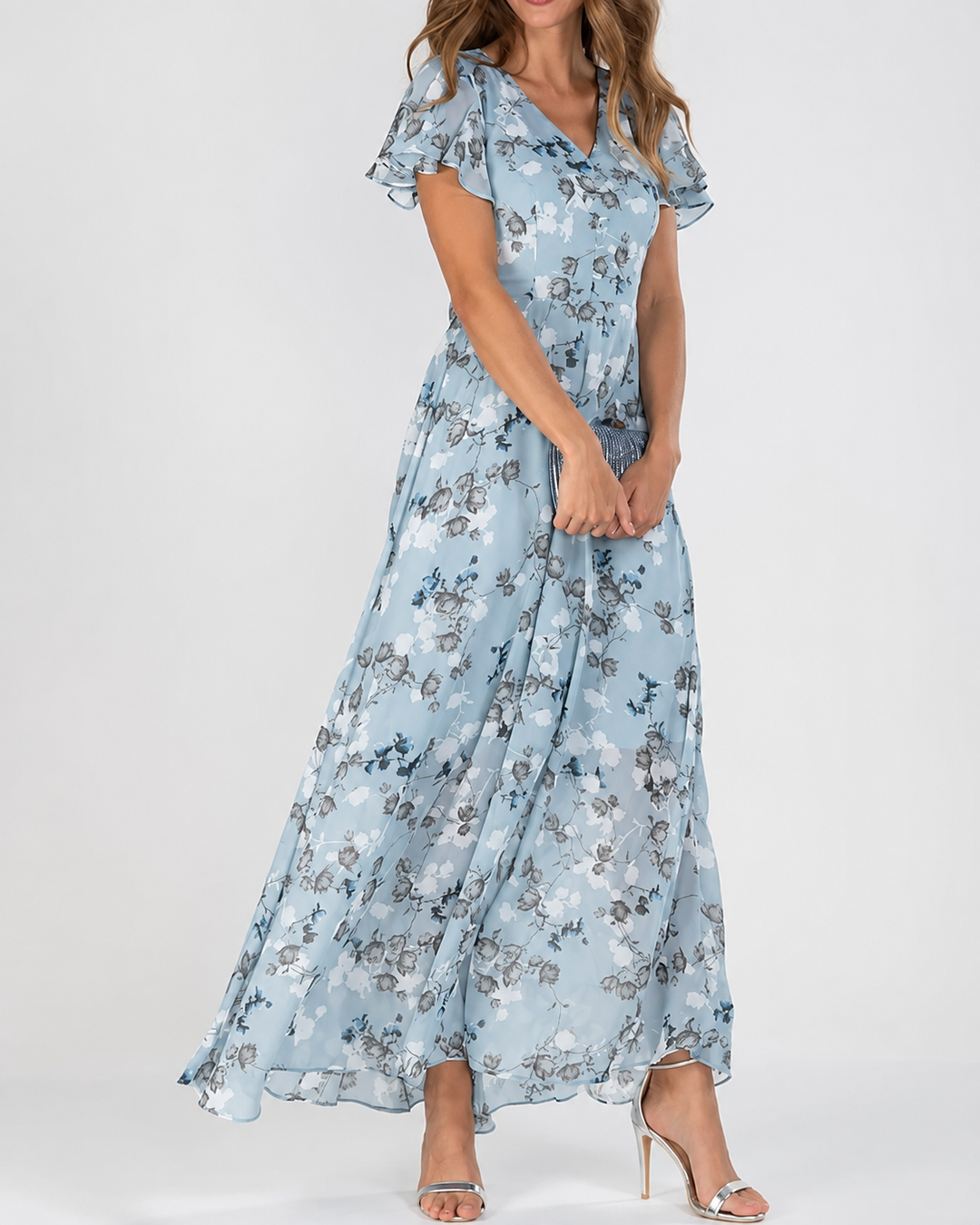 Damen Maxikleid V-Ausschnitt Blumendruck Festlich