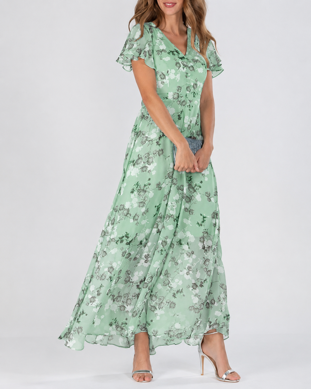Damen Maxikleid V-Ausschnitt Blumendruck Festlich