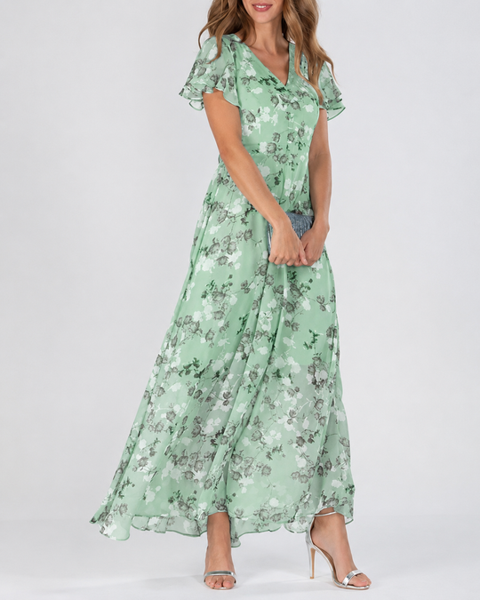 Damen Maxikleid V-Ausschnitt Blumendruck Festlich