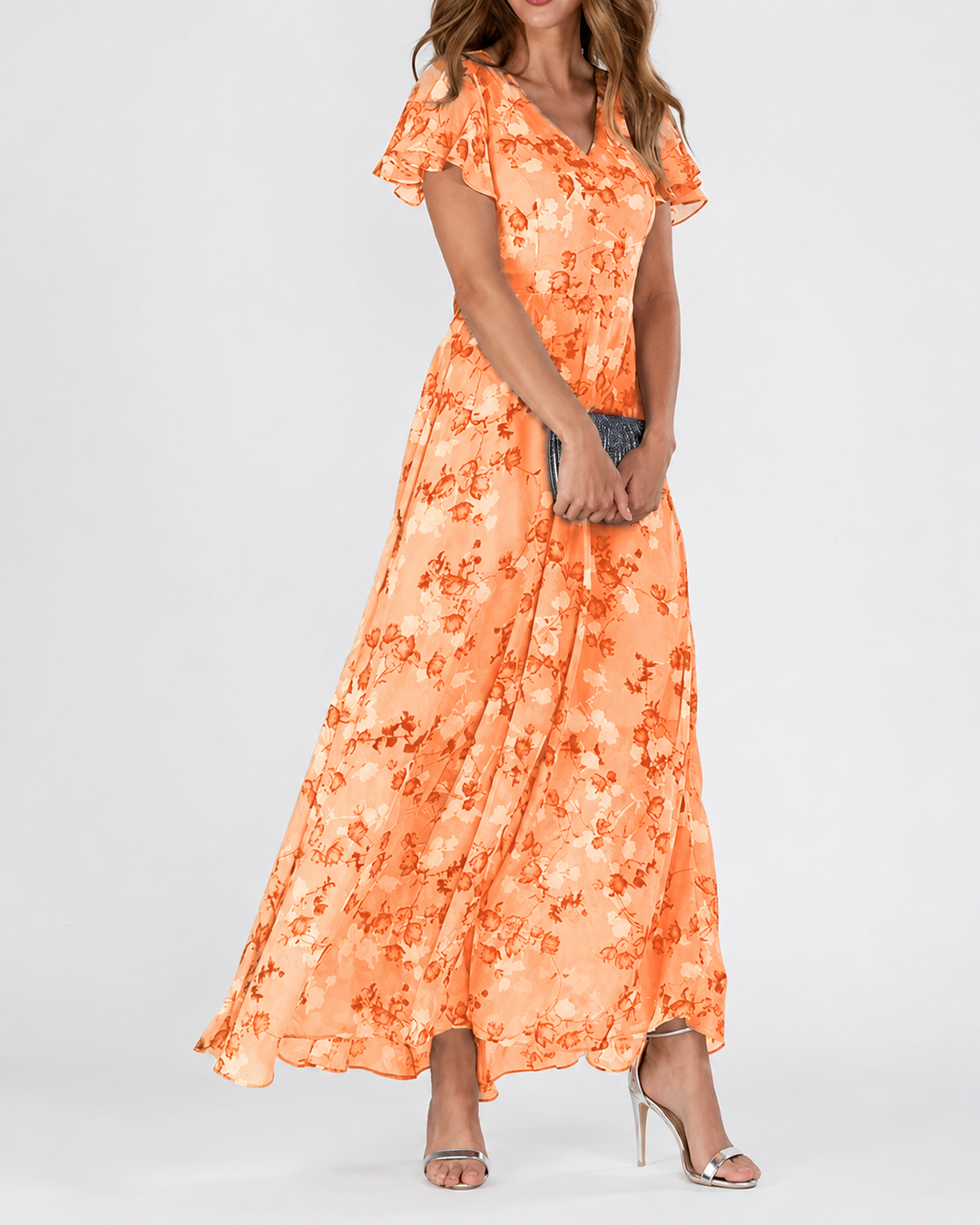 Damen Maxikleid V-Ausschnitt Blumendruck Festlich