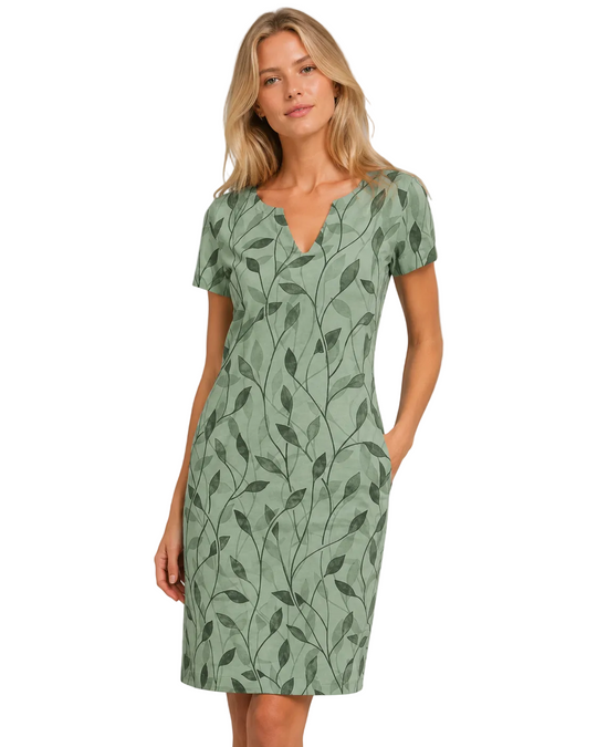 Damen Midi Kleid V-Ausschnitt Kurzarm Sommerkleid