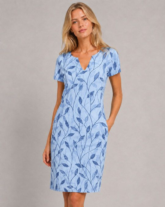 Damen Midi Kleid V-Ausschnitt Kurzarm Sommerkleid