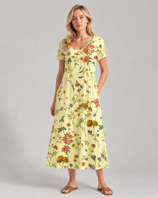 Damen Sommerkleid mit Blumenmuster und kurzen Ärmeln