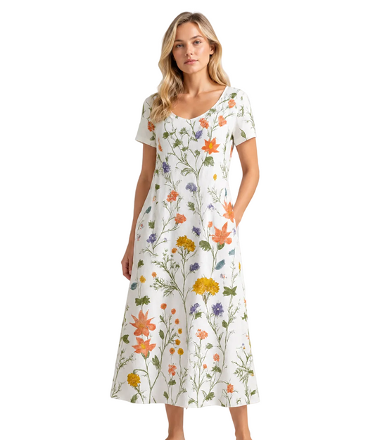 Damen Sommerkleid mit Blumenmuster und kurzen Ärmeln