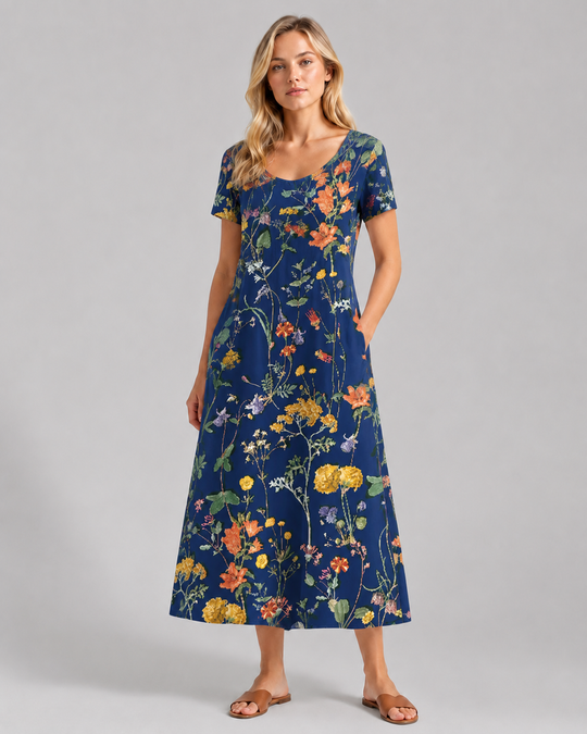 Damen Sommerkleid mit Blumenmuster und kurzen Ärmeln