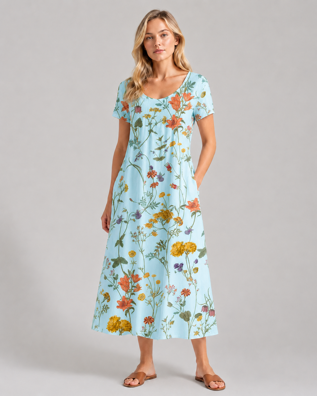 Damen Sommerkleid mit Blumenmuster und kurzen Ärmeln