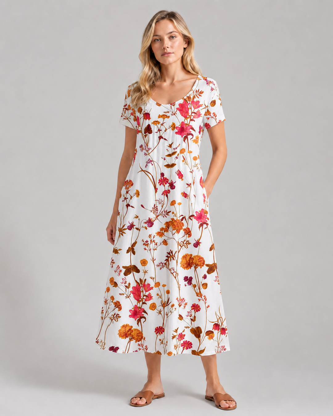 Damen Sommerkleid mit Blumenmuster und kurzen Ärmeln