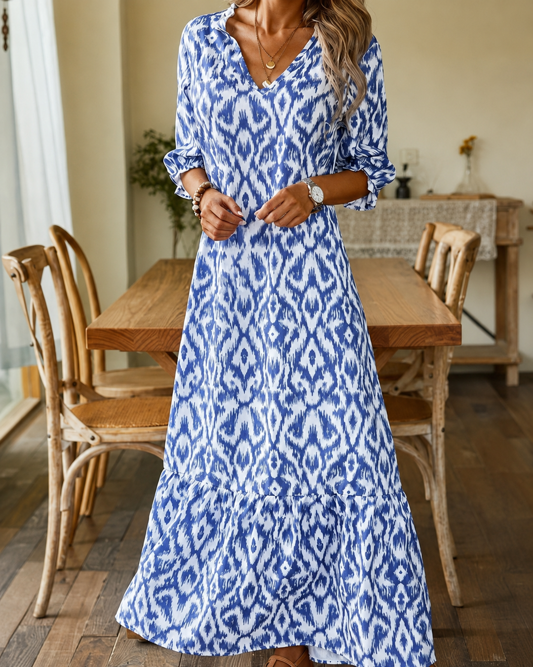 Damen Sommerkleid mit V-Ausschnitt und halben Ärmeln
