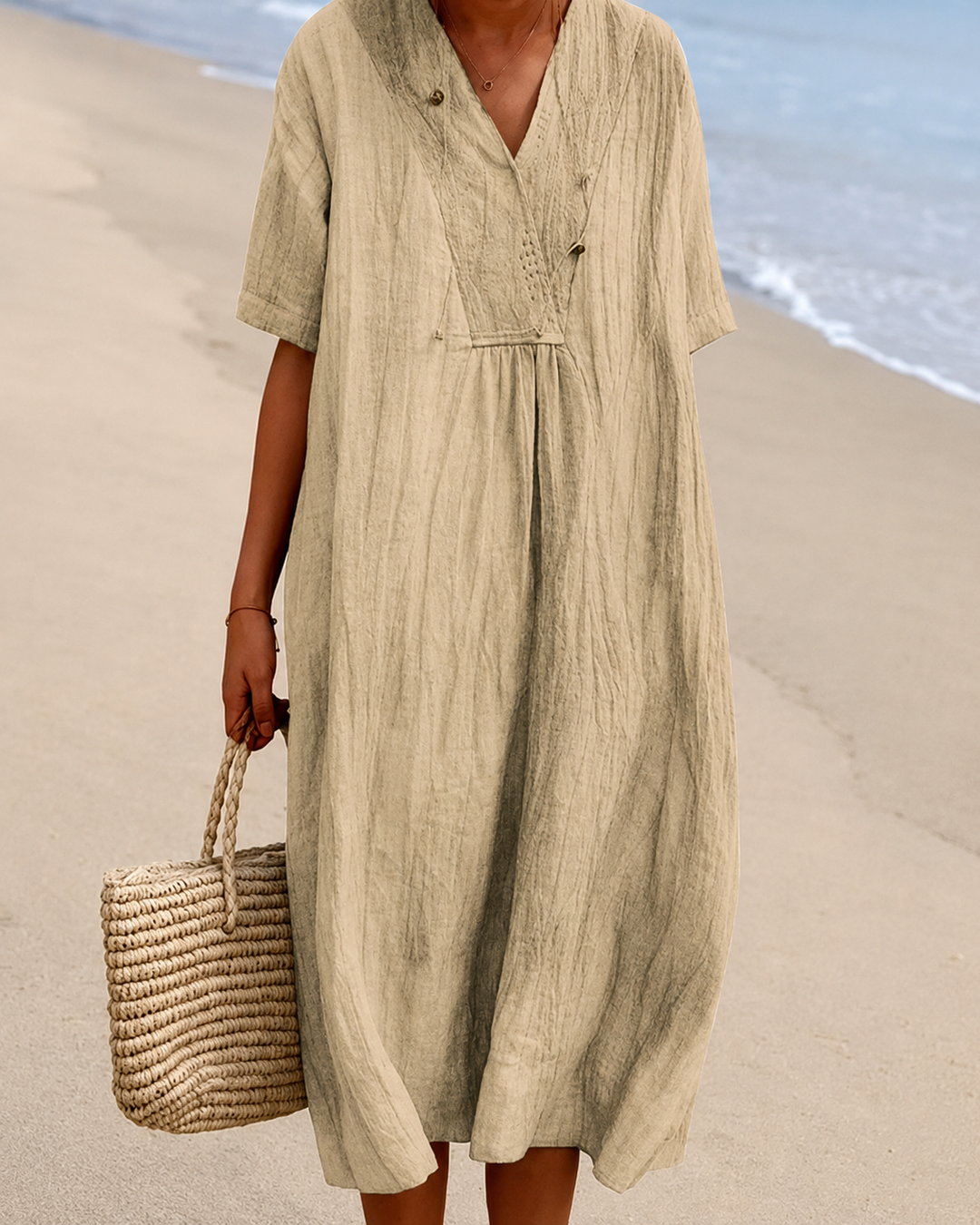 Damen Strandkleid Lässig V-Ausschnitt Sommerkleid