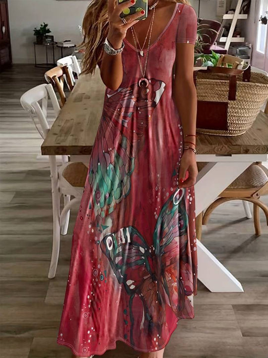 Variant image for Damen Kleid V-Ausschnitt Schmetterlingsdruck Leicht Polyester für Sommerveranstaltungen-33