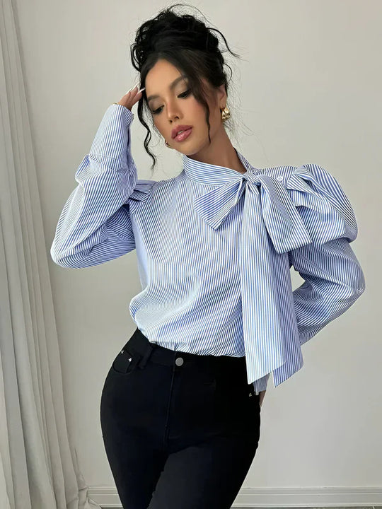 Damen Hemdbluse Gestreift mit Schleifendetail aus Baumwolle-2