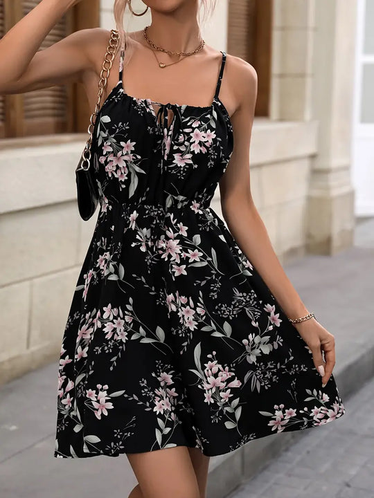 Damen Kleid Blumendruck Spaghettiträger Baumwolle für Sommerurlaub-6