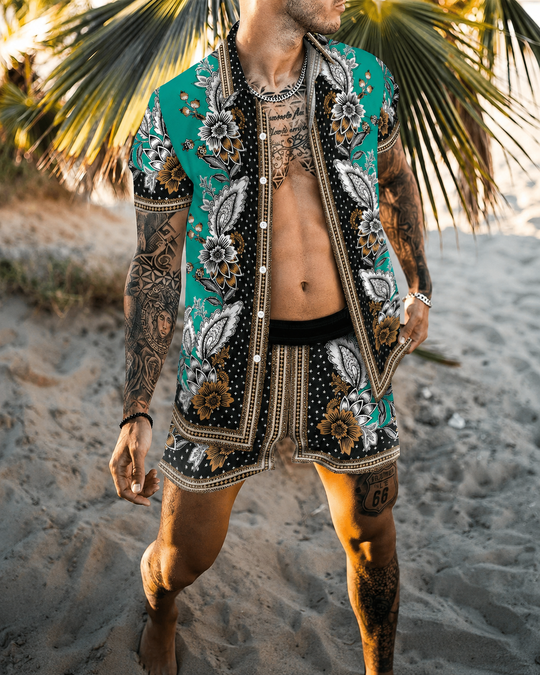 Herren Sommer Set Kurzarmhemd und Shorts mit Patchwork-Design