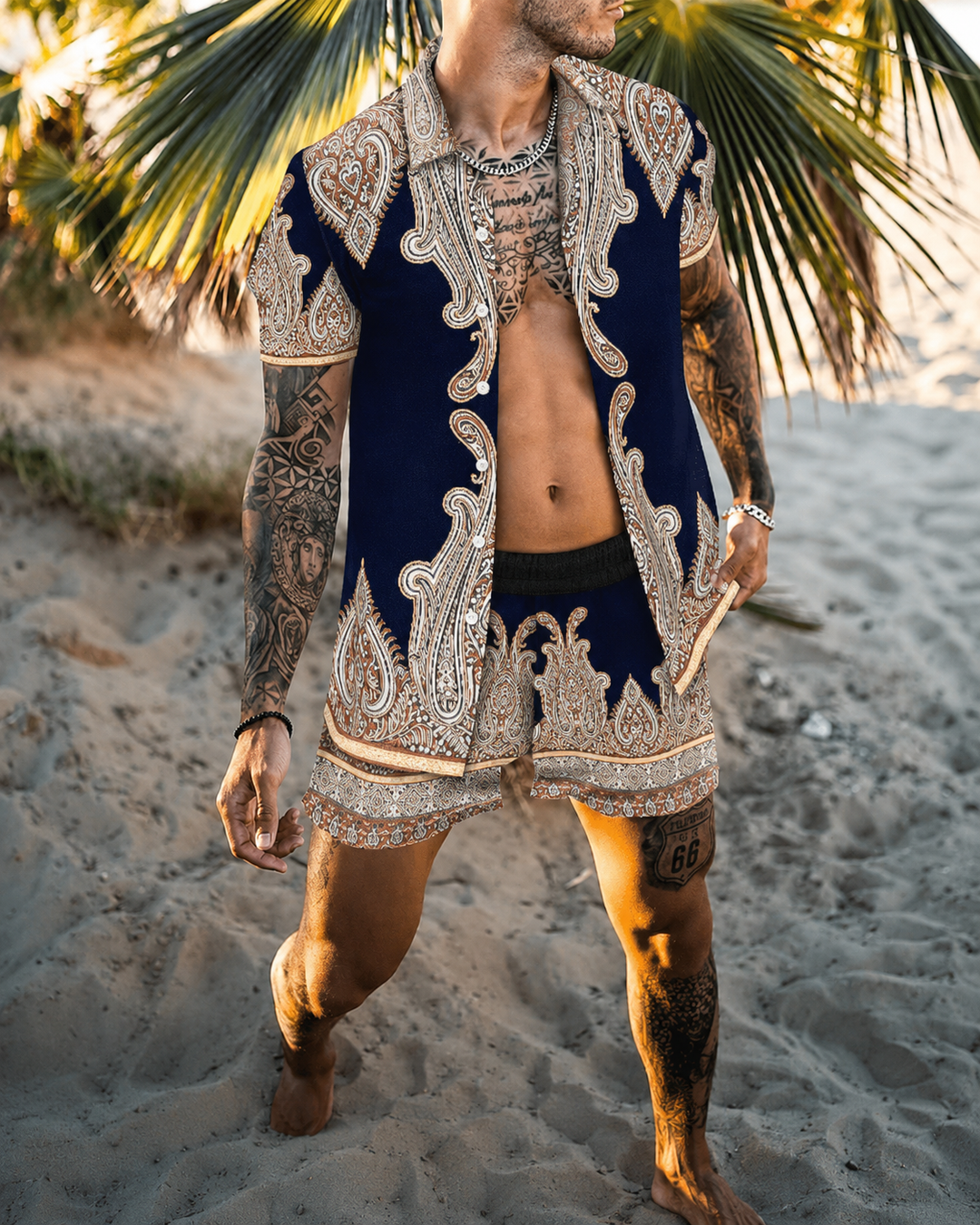 Herren Sommer Set Kurzarmhemd und Shorts mit Patchwork-Design
