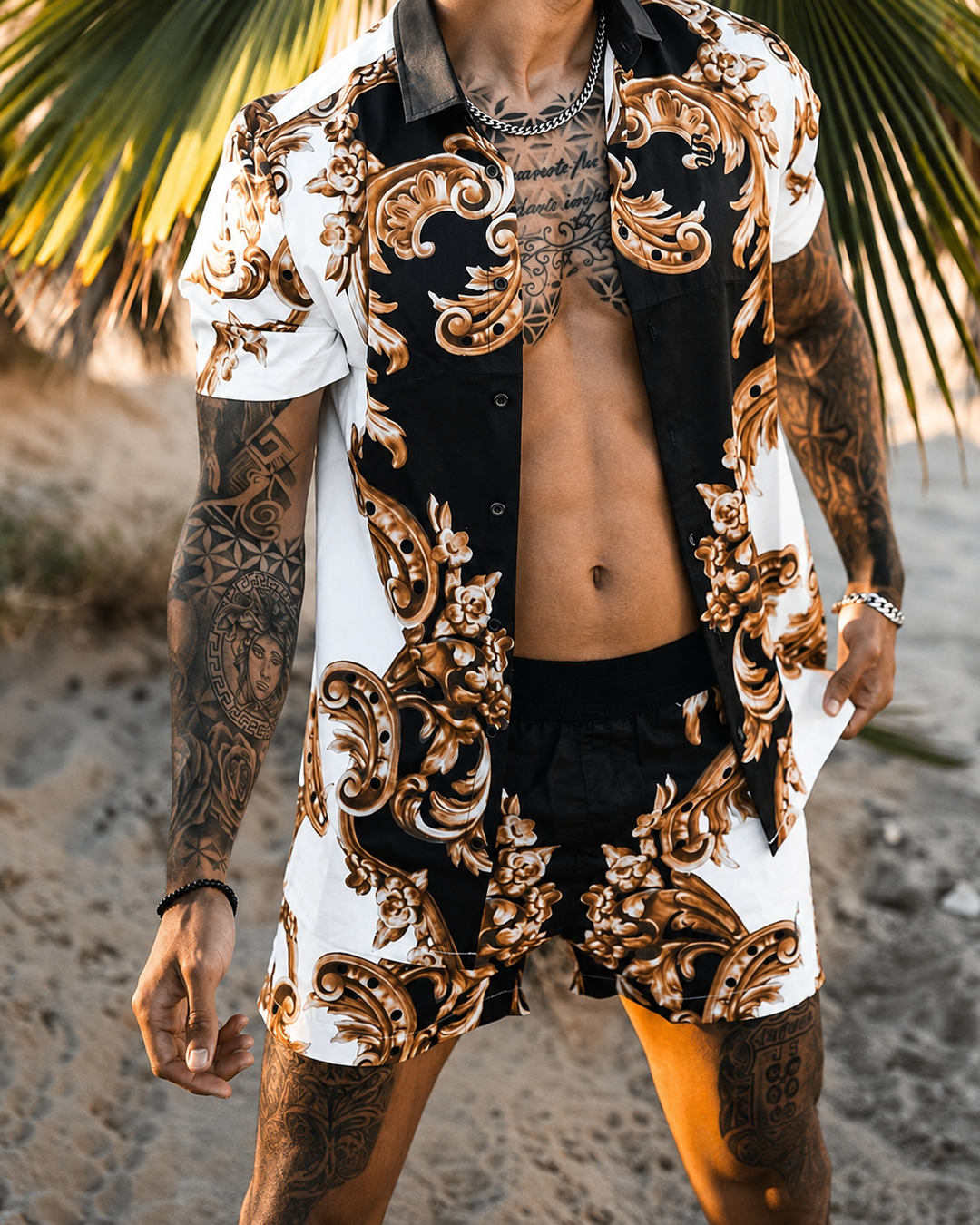 Herren Sommer Set Kurzarmhemd und Shorts mit Patchwork-Design