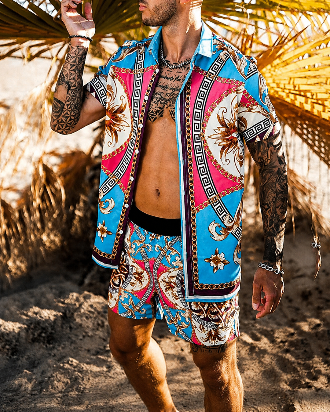 Herren Sommer Set Kurzarmhemd und Shorts mit Patchwork-Design