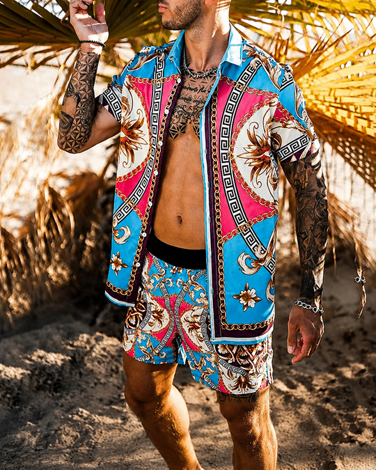 Herren Sommer Set Kurzarmhemd und Shorts mit Patchwork-Design
