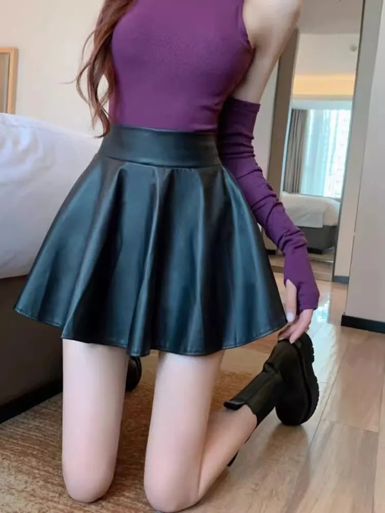Vintage-Rock aus Leder mit hoher Taille und Falten
