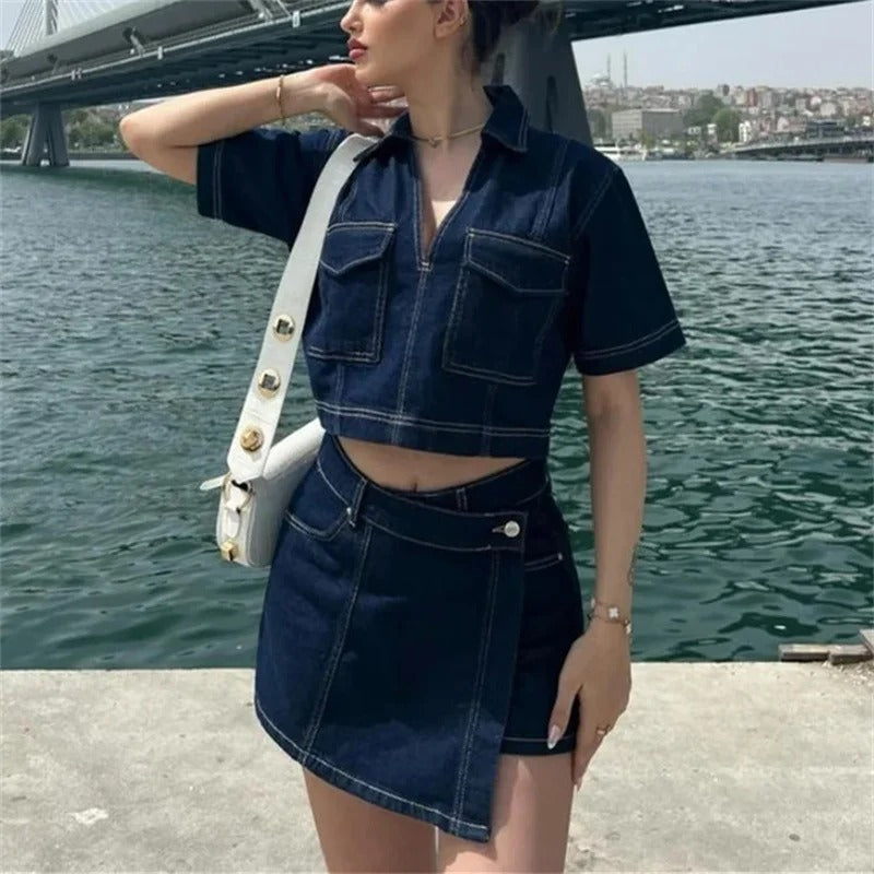 Damen Denimrock &amp; Kurzarm-Crop-Shirt