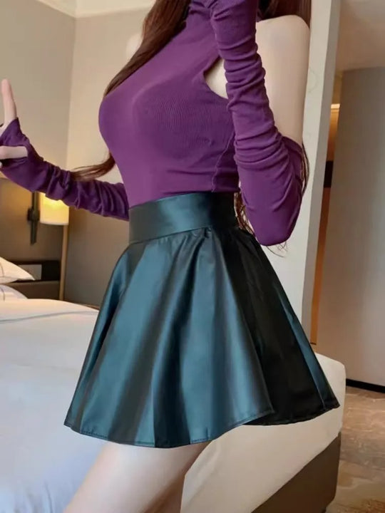 Vintage-Rock aus Leder mit hoher Taille und Falten