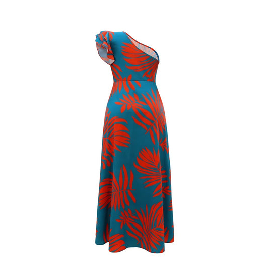 Ein-Schulter-Maxikleid mit tropischem Print
