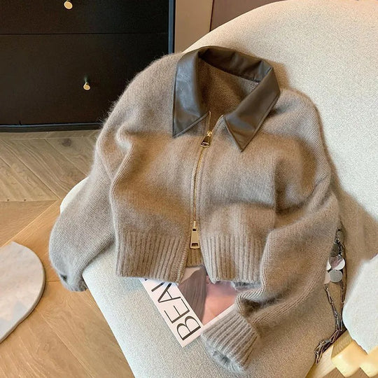 Strickpullover mit Ledercollier für Damen