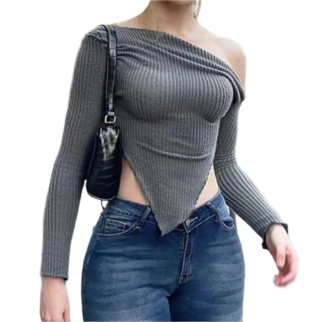Asymmetrischer Gerippter Freizeitpullover