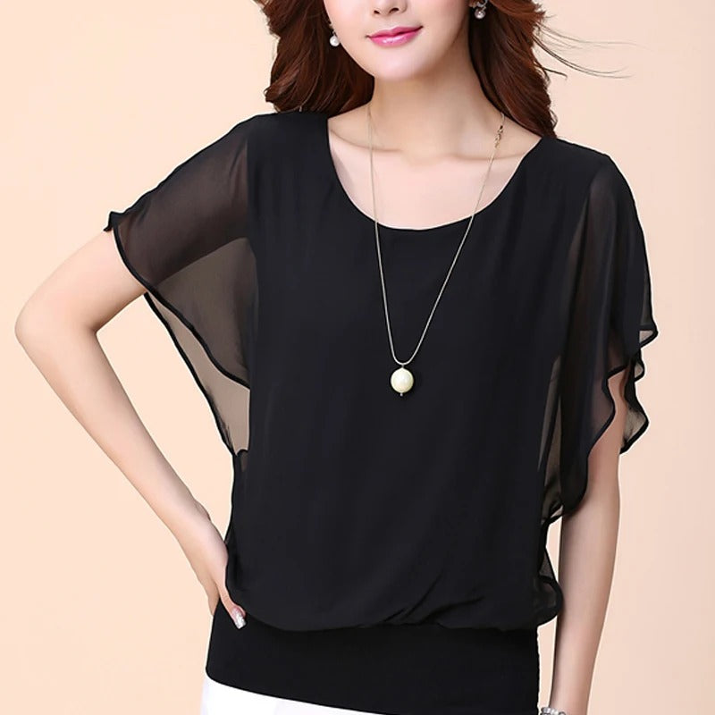 Frauen Rüschenärmel Chiffon Bluse