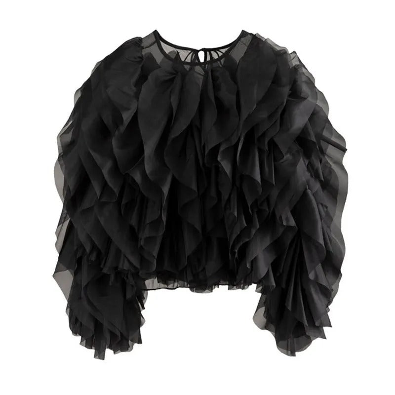 Damen-Shirt mit O-Ausschnitt und Rüschen