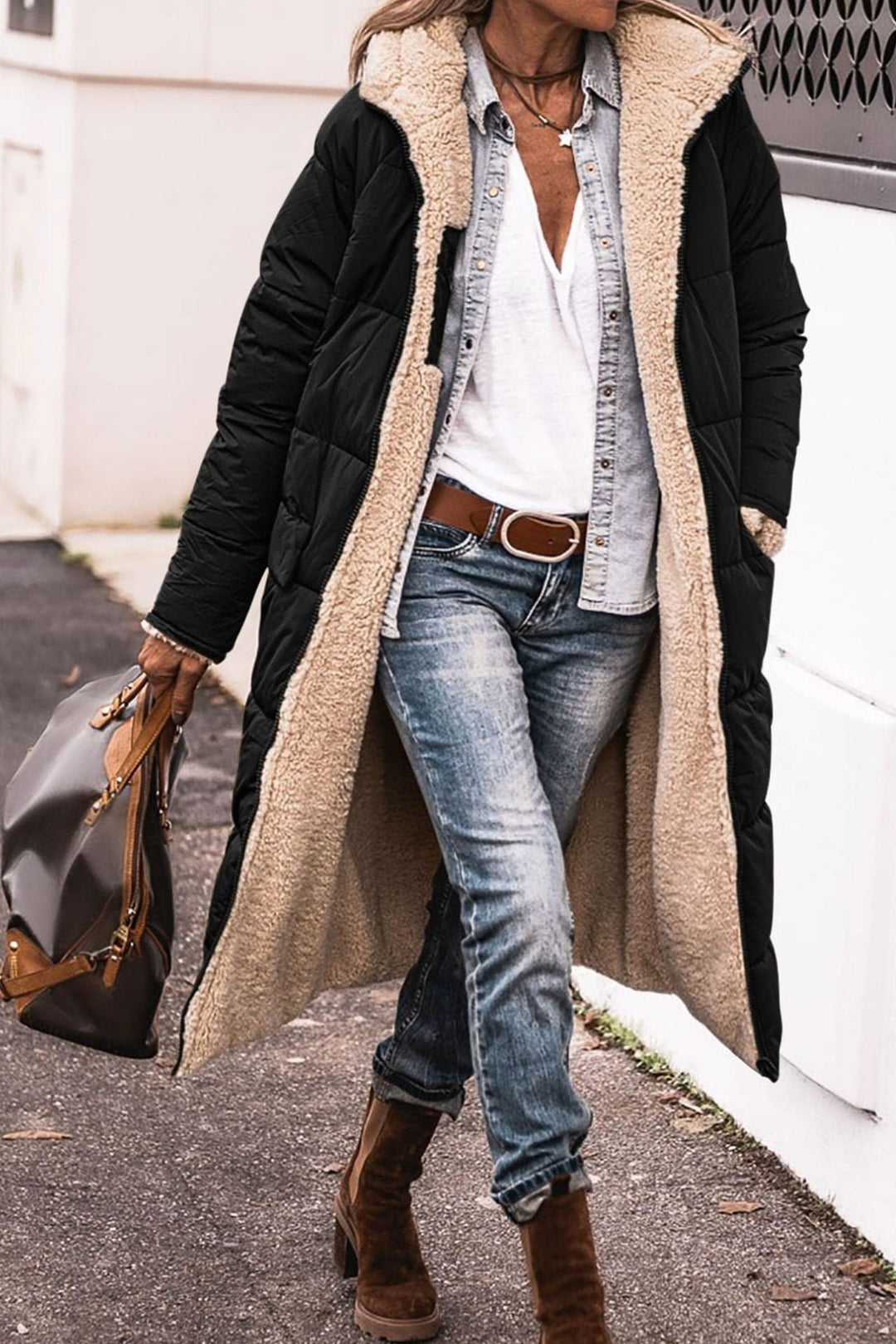 Variant image for Damen Pufferjacke Schwarz Elegant Lange mit Pelzfutter Polyester-1