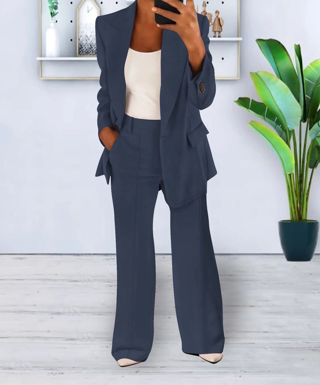 Variant image for Damenanzug Blazer Set Schwarz Elegant Weite Hosen Polyester-12